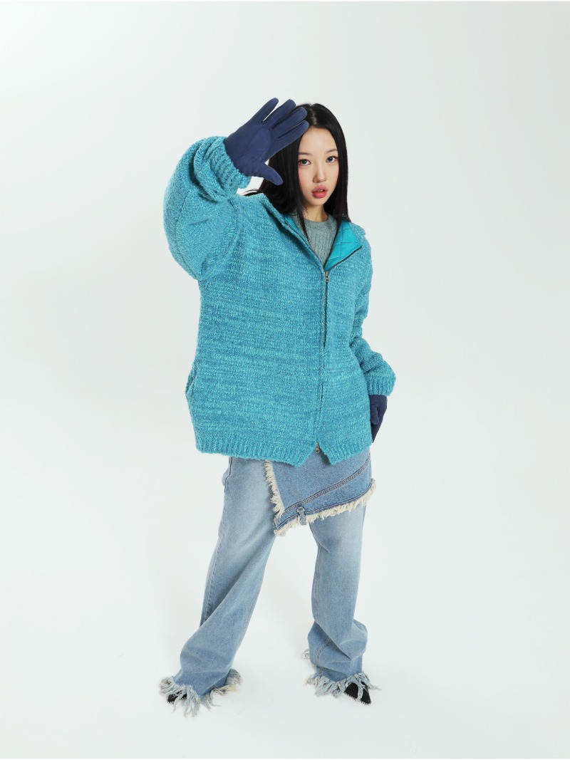 Wool quilting knit hoodie(blue)
